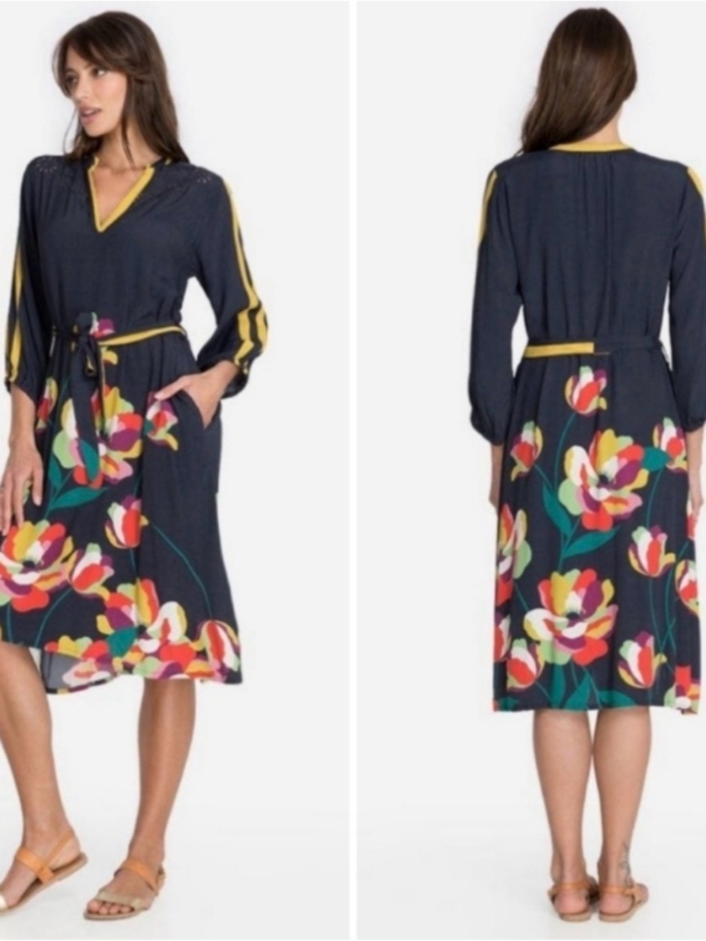 Johnny Was Navy Midi Dress with Multicolor Floral Print and Yellow Trim